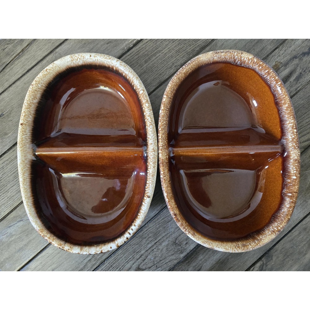 Set Of 2 Divided Oval Serving Dish Hull Oven Proof HP Co. Brown Drip Glaze 11"